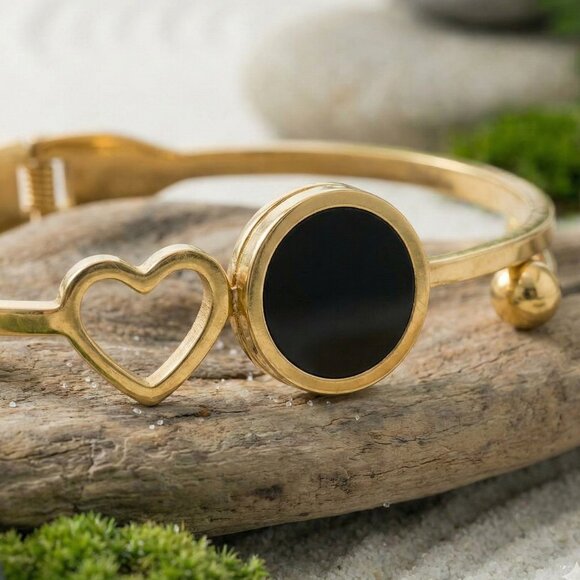 18K Gold Plated Stainless Steel Bangle Bracelet Heart Black Charm Minimalist - Picture 9 of 17